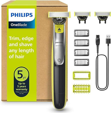 Philips OneBlade 360 Auténtico Barbero, afeitadora y recortadora eléctrica facial y corporal, 3x 360 cuchillas, 4x peine para barba incipiente (1,2,3,5mm), 1x kit corporal, QP2834/31